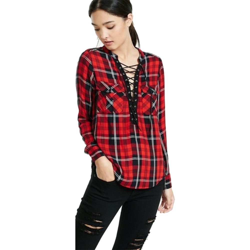 Express Lace Up Plaid Long Sleeve - Size XS - NWT